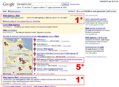 I risultati ottenuti con Google cercando: web agency bari